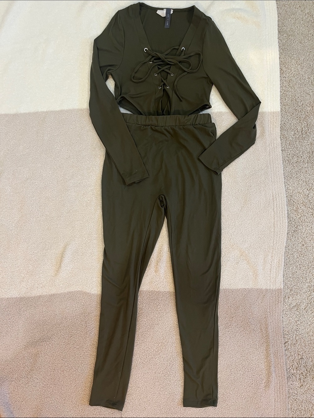 Long-Sleeve Olive Lace-Up Jumpsuit